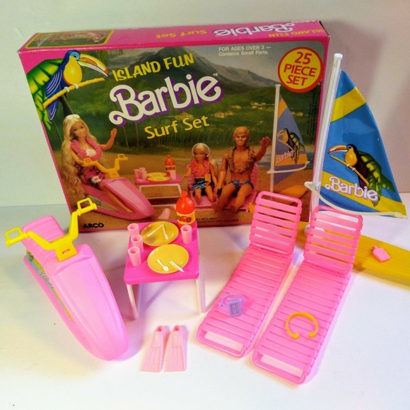 Barbie Jet Ski Playset ARCO ISLAND FUN SURF SET 1987 #7948 flippers Sailboard - Picture 3 of 11